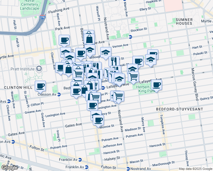 map of restaurants, bars, coffee shops, grocery stores, and more near 58 1/2 Kosciuszko Street in Brooklyn