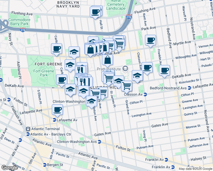 map of restaurants, bars, coffee shops, grocery stores, and more near 270 Washington Avenue in Brooklyn