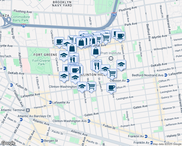 map of restaurants, bars, coffee shops, grocery stores, and more near 270 Washington Avenue in Brooklyn