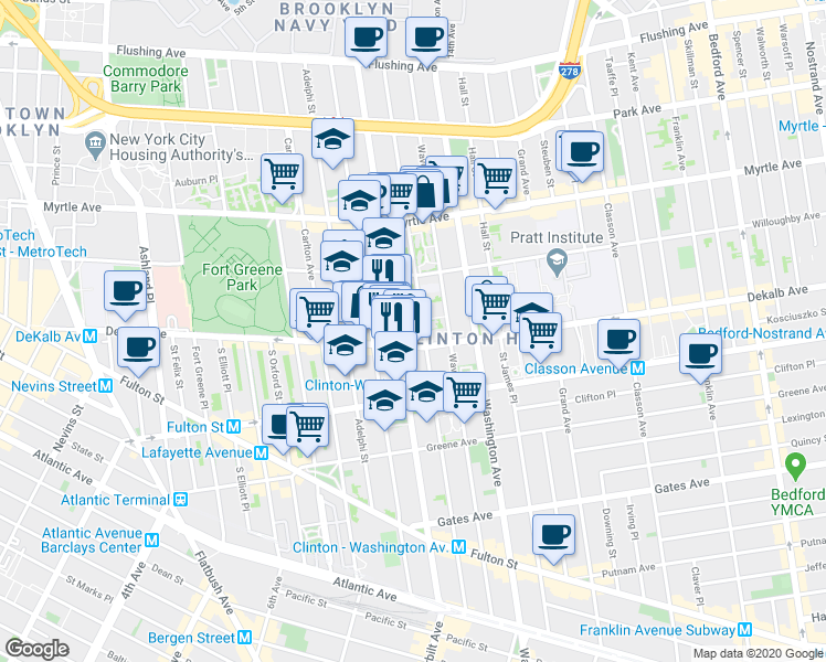 map of restaurants, bars, coffee shops, grocery stores, and more near 232 Clinton Avenue in Brooklyn