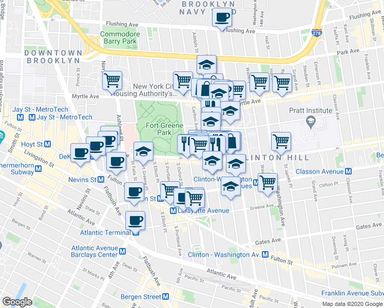 map of restaurants, bars, coffee shops, grocery stores, and more near 242 Carlton Avenue in Brooklyn
