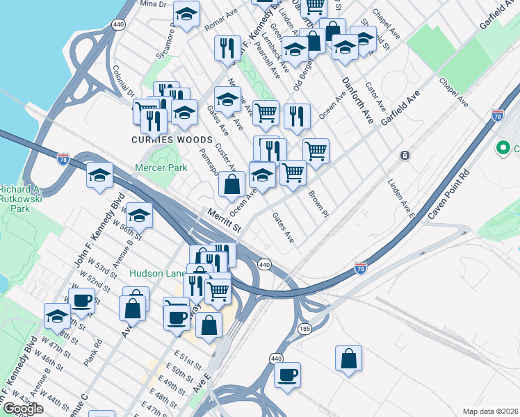 map of restaurants, bars, coffee shops, grocery stores, and more near 88 Gates Avenue in Jersey City