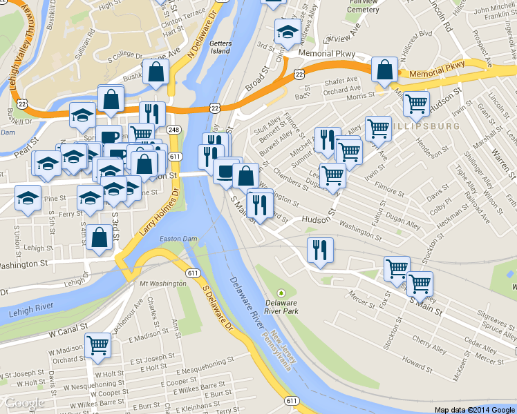 map of restaurants, bars, coffee shops, grocery stores, and more near 116 Washington Street in Phillipsburg