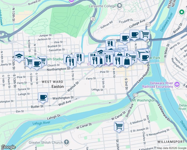 map of restaurants, bars, coffee shops, grocery stores, and more near 604 Walnut Street in Easton