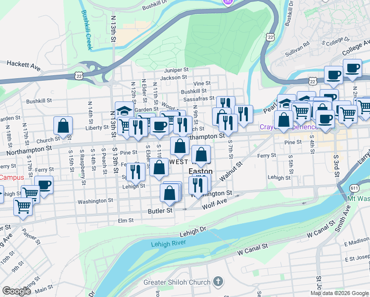 map of restaurants, bars, coffee shops, grocery stores, and more near in Easton