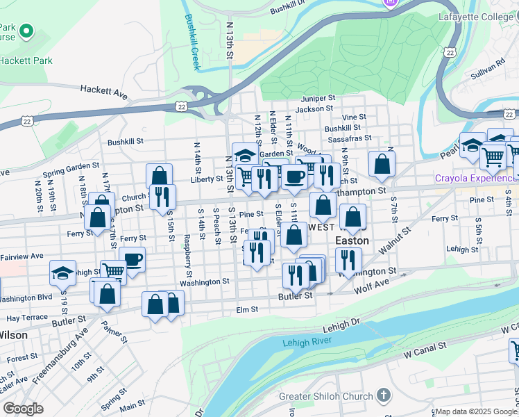 map of restaurants, bars, coffee shops, grocery stores, and more near in Easton