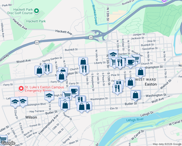 map of restaurants, bars, coffee shops, grocery stores, and more near 1427 Northampton Street in Easton