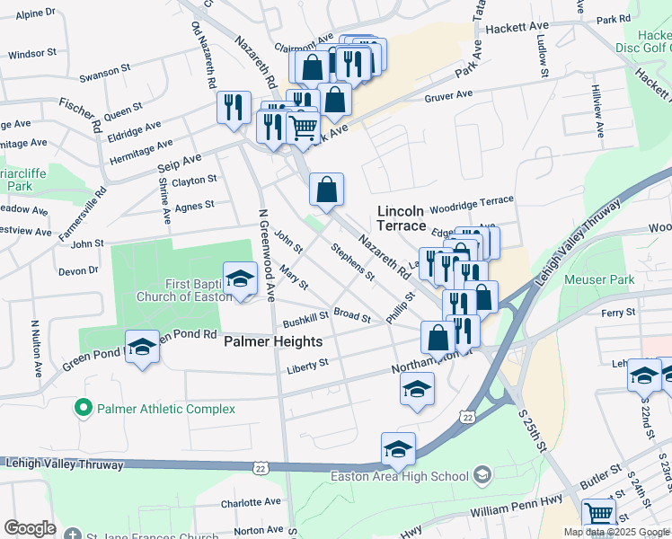 map of restaurants, bars, coffee shops, grocery stores, and more near 2750 Stephens Street in Easton