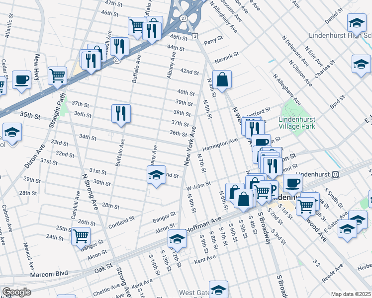 map of restaurants, bars, coffee shops, grocery stores, and more near 107 35th Street in Lindenhurst