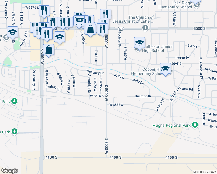 map of restaurants, bars, coffee shops, grocery stores, and more near 3771 South 8000 West in Magna