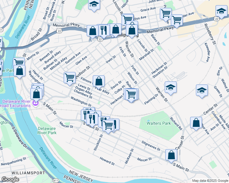 map of restaurants, bars, coffee shops, grocery stores, and more near 38 Davis Street in Phillipsburg