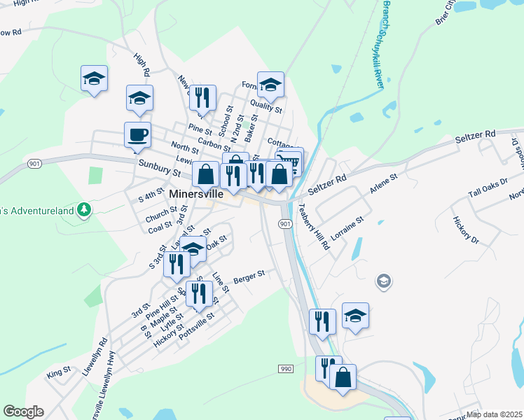 map of restaurants, bars, coffee shops, grocery stores, and more near 22 Westwood Street in Minersville