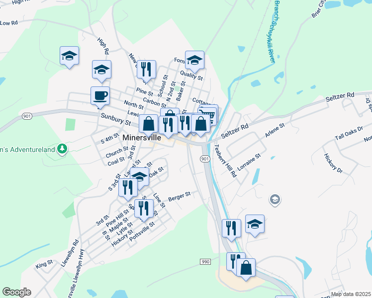 map of restaurants, bars, coffee shops, grocery stores, and more near 26 Westwood Street in Minersville