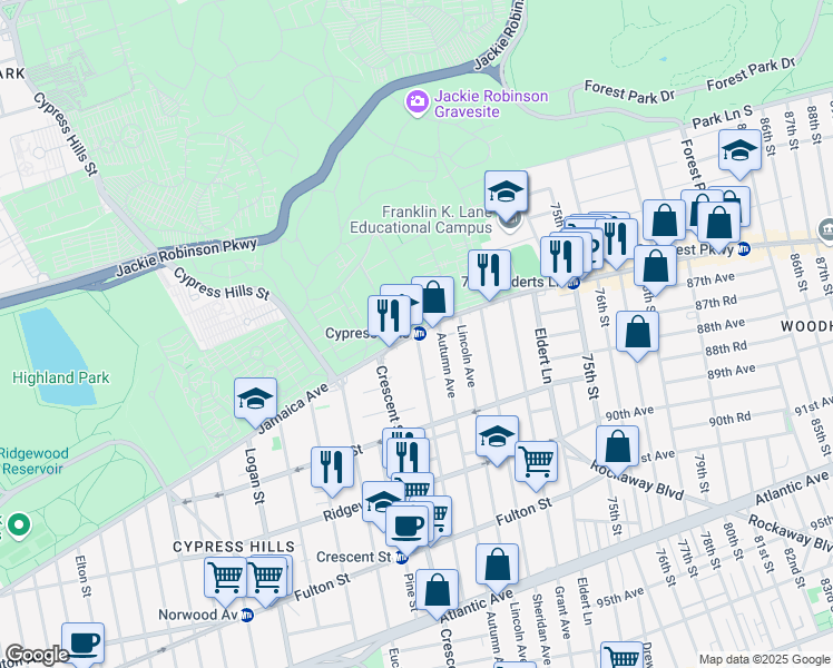 map of restaurants, bars, coffee shops, grocery stores, and more near Jamaica Avenue & Hemlock Street in Brooklyn