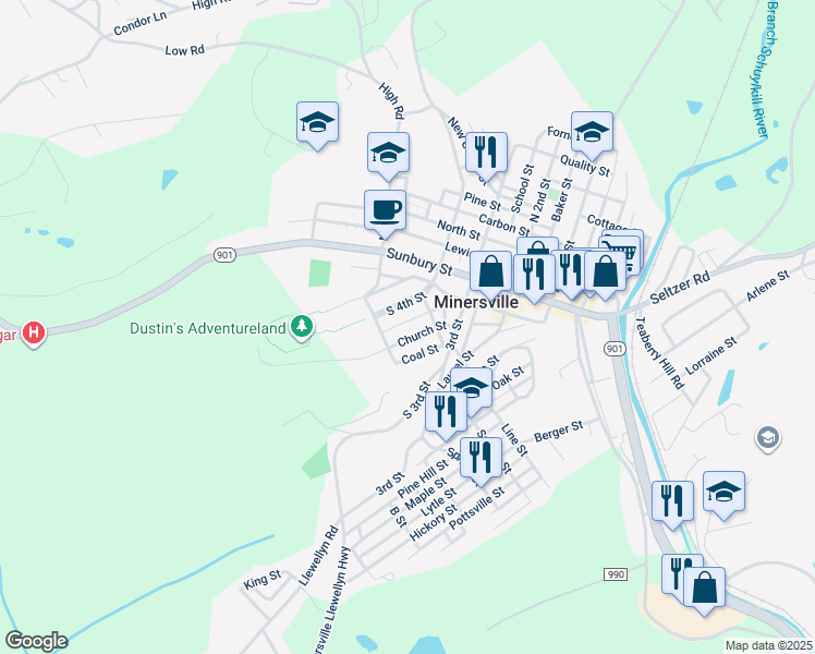 map of restaurants, bars, coffee shops, grocery stores, and more near 231 Middle Street in Minersville