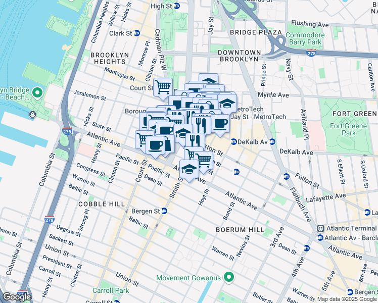 map of restaurants, bars, coffee shops, grocery stores, and more near 120 Schermerhorn Street in Brooklyn