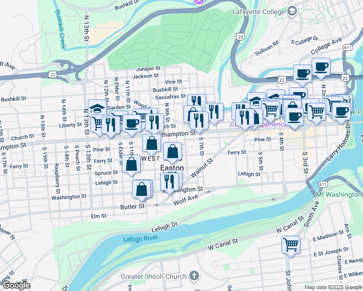 map of restaurants, bars, coffee shops, grocery stores, and more near 808 Pine Street in Easton