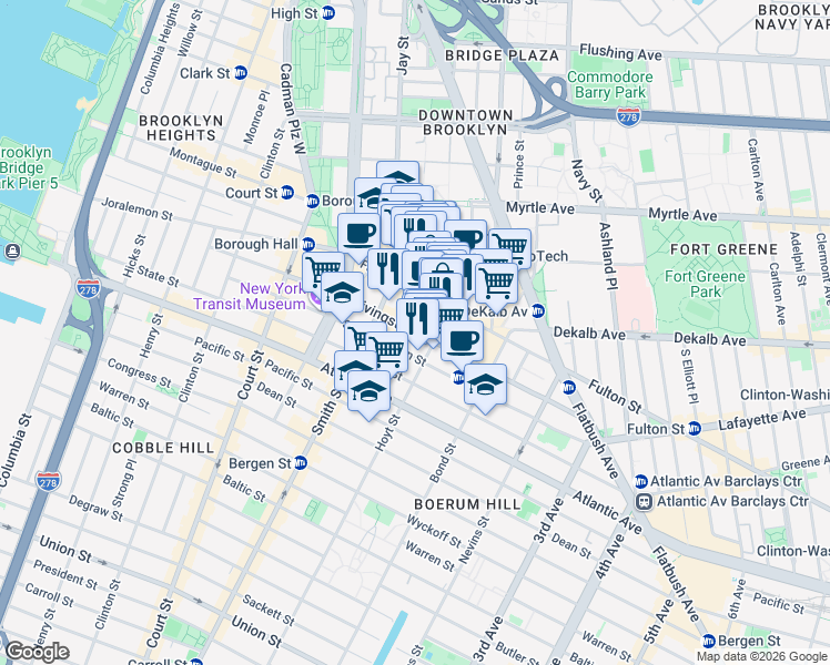 map of restaurants, bars, coffee shops, grocery stores, and more near Livingston Street in Brooklyn