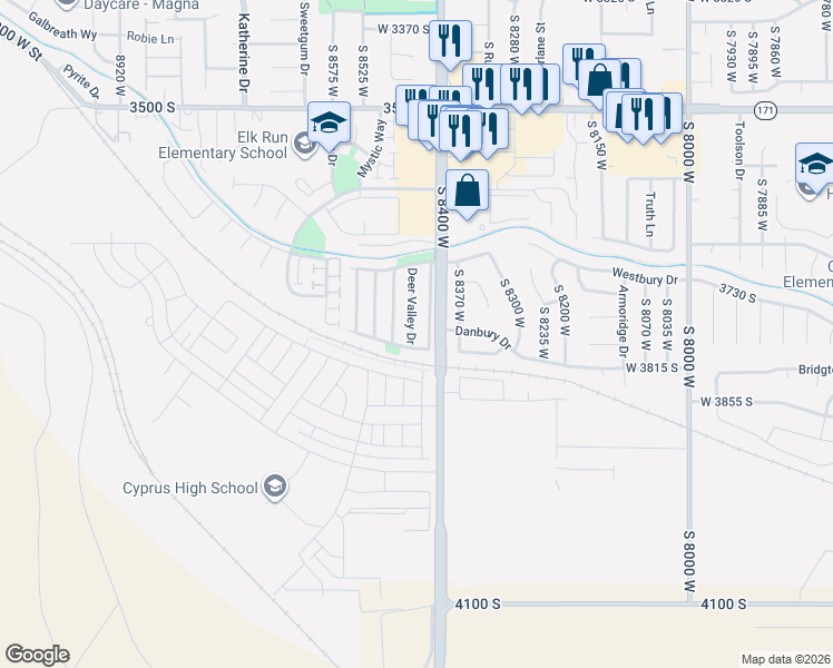 map of restaurants, bars, coffee shops, grocery stores, and more near 3771 Deer Valley Drive in Magna