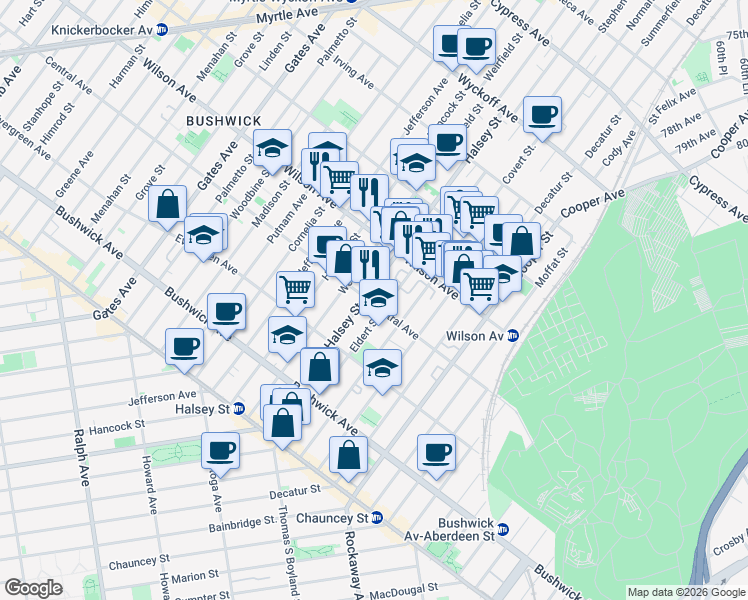 map of restaurants, bars, coffee shops, grocery stores, and more near 561 Central Avenue in Brooklyn