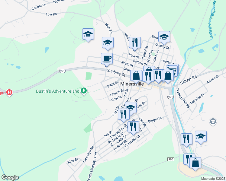 map of restaurants, bars, coffee shops, grocery stores, and more near 231 Middle Street in Minersville