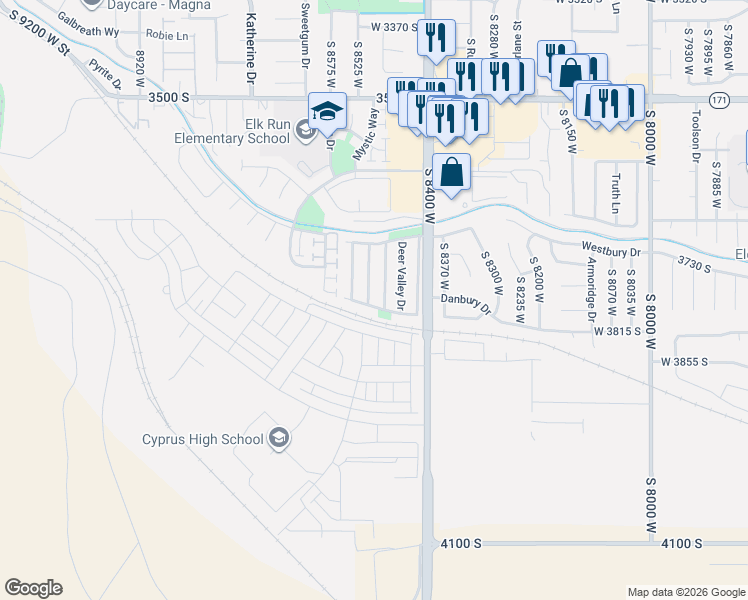 map of restaurants, bars, coffee shops, grocery stores, and more near 3747 Gold Ridge Drive in Magna