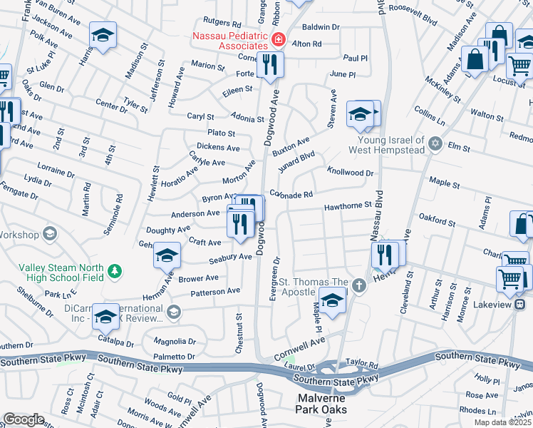 map of restaurants, bars, coffee shops, grocery stores, and more near 620 Dogwood Avenue in Franklin Square