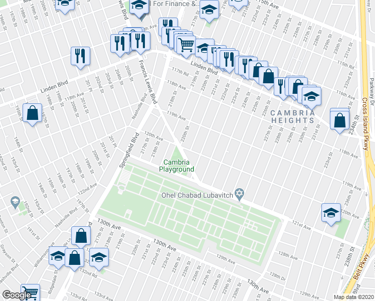 map of restaurants, bars, coffee shops, grocery stores, and more near 119-43 221st Street in Queens