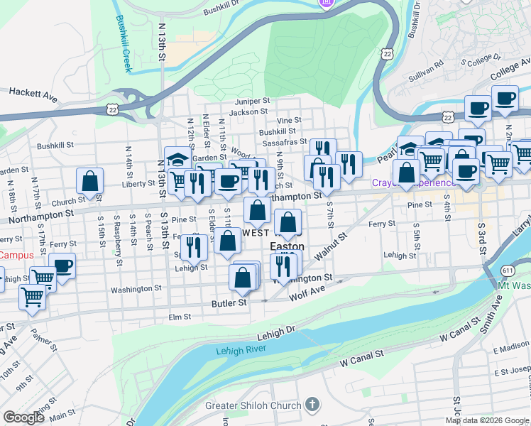 map of restaurants, bars, coffee shops, grocery stores, and more near in Easton