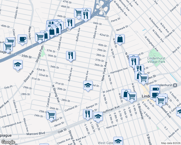 map of restaurants, bars, coffee shops, grocery stores, and more near 198 35th Street in Lindenhurst
