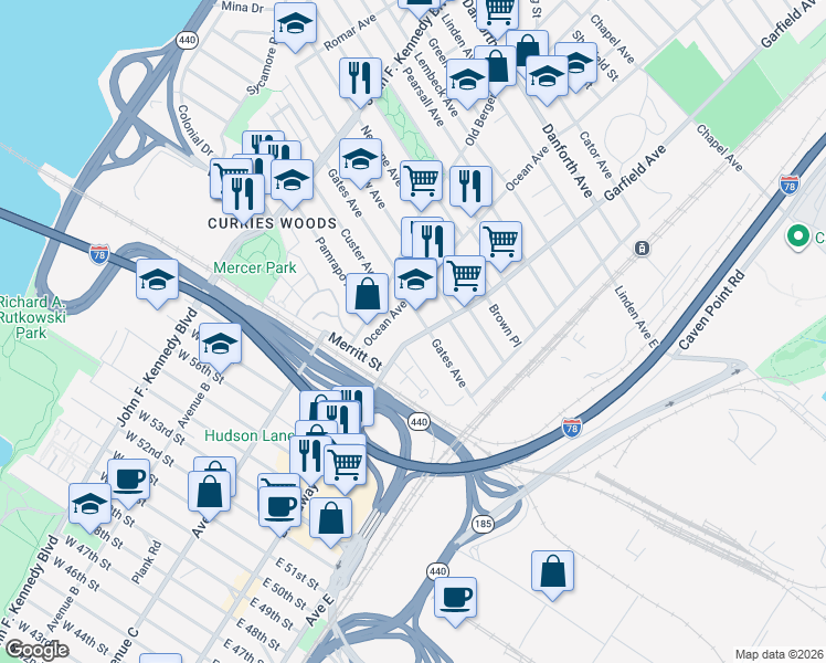map of restaurants, bars, coffee shops, grocery stores, and more near 88 Gates Avenue in Jersey City