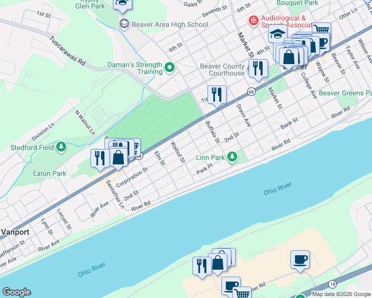 map of restaurants, bars, coffee shops, grocery stores, and more near 1336 Corporation Street in Beaver