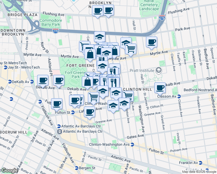 map of restaurants, bars, coffee shops, grocery stores, and more near 266 Clermont Avenue in Brooklyn