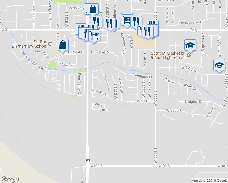 map of restaurants, bars, coffee shops, grocery stores, and more near 3776 South 8235 West in Magna