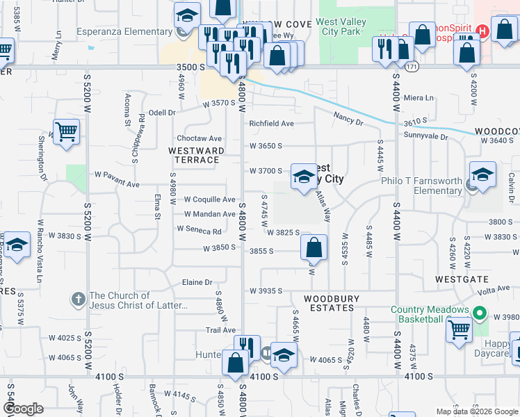 map of restaurants, bars, coffee shops, grocery stores, and more near 4765 West 3720 South in West Valley City