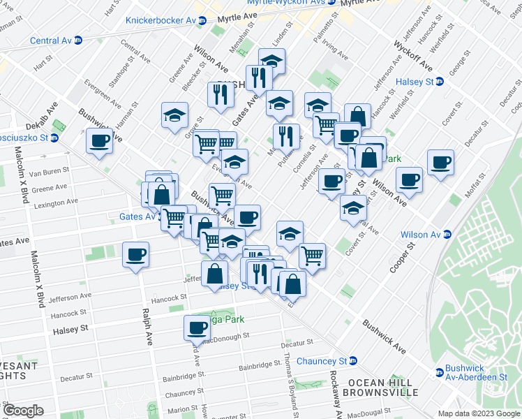map of restaurants, bars, coffee shops, grocery stores, and more near 521 Evergreen Avenue in Brooklyn