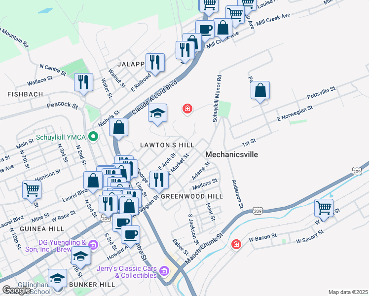 map of restaurants, bars, coffee shops, grocery stores, and more near 553 East Arch Street in Pottsville