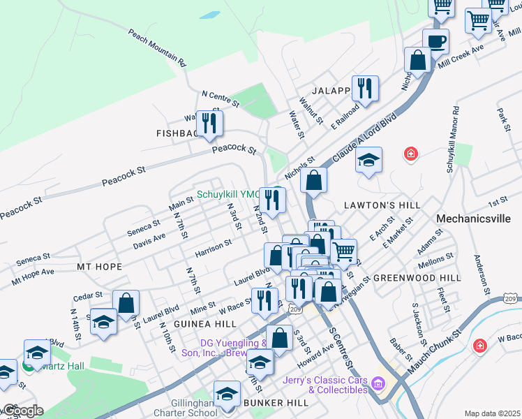 map of restaurants, bars, coffee shops, grocery stores, and more near 642 North 2nd Street in Port Carbon