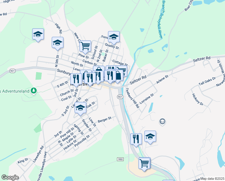 map of restaurants, bars, coffee shops, grocery stores, and more near 21 South Delaware Avenue in Minersville