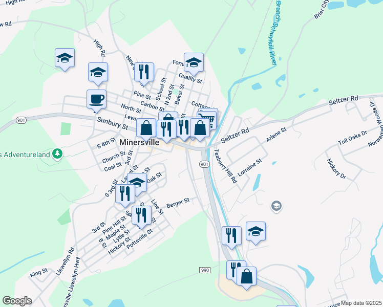 map of restaurants, bars, coffee shops, grocery stores, and more near 21 South Delaware Avenue in Minersville
