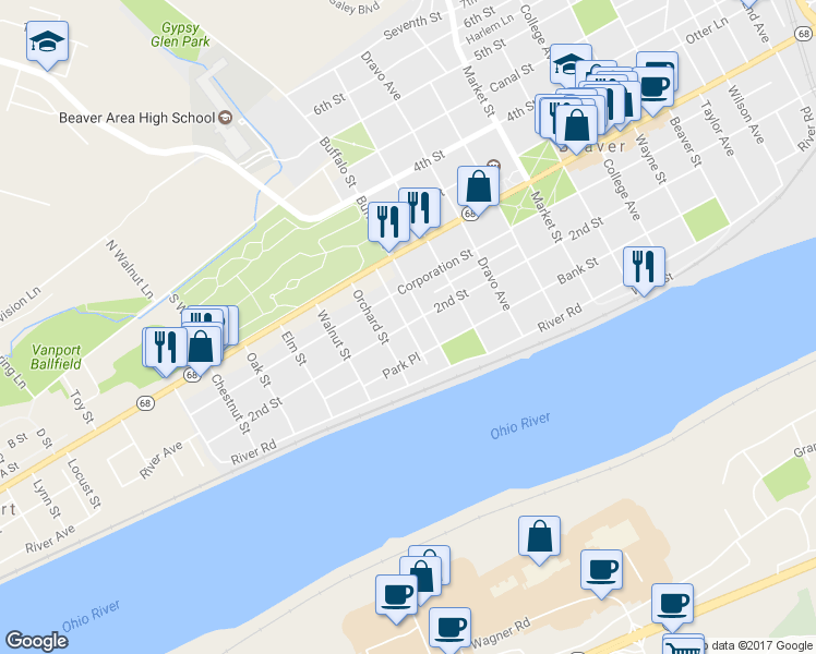 map of restaurants, bars, coffee shops, grocery stores, and more near 198 Sutherland Place in Beaver