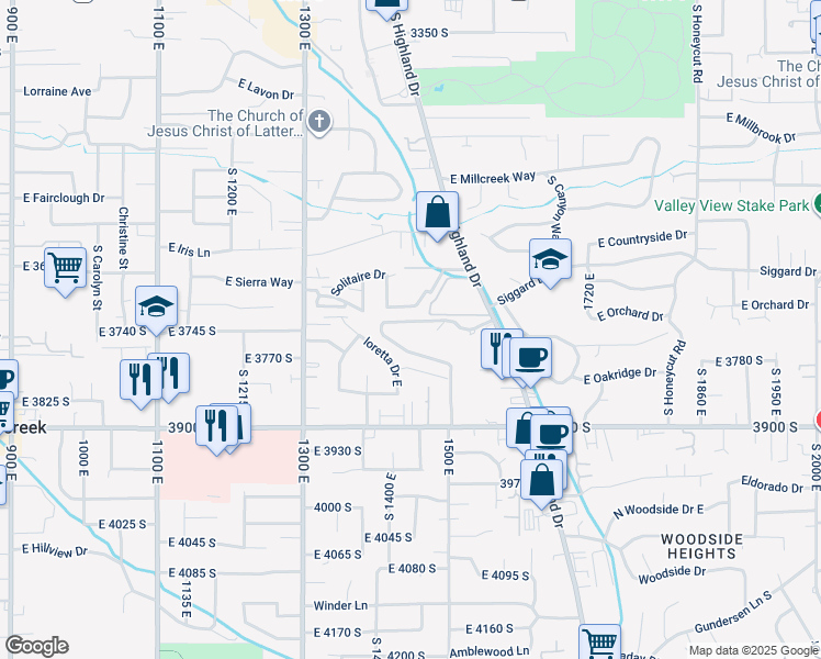 map of restaurants, bars, coffee shops, grocery stores, and more near 1460 Highland Cove Lane in Salt Lake City