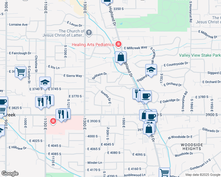 map of restaurants, bars, coffee shops, grocery stores, and more near 1460 Highland Cove Lane in Salt Lake City