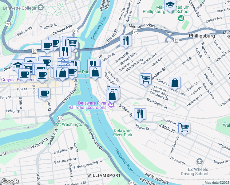 map of restaurants, bars, coffee shops, grocery stores, and more near 11 Brainard Street in Phillipsburg