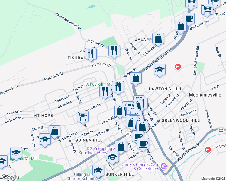 map of restaurants, bars, coffee shops, grocery stores, and more near 642 North 2nd Street in Port Carbon
