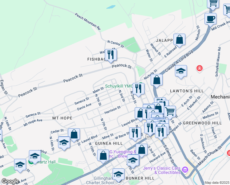 map of restaurants, bars, coffee shops, grocery stores, and more near 337 Spring Garden Street in Pottsville