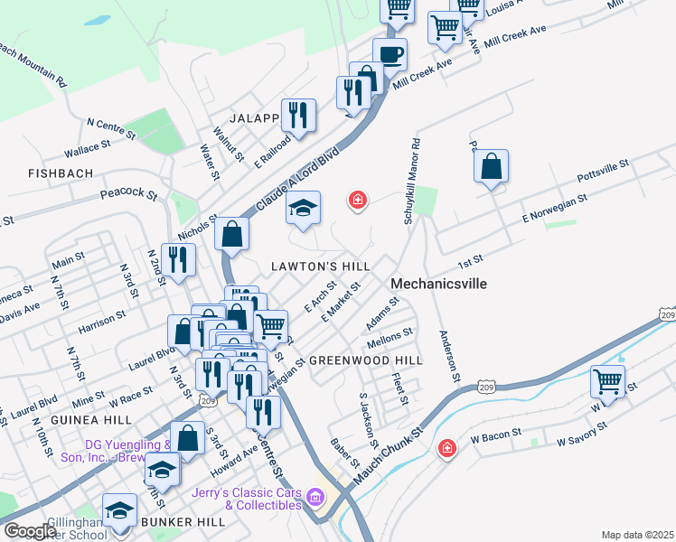 map of restaurants, bars, coffee shops, grocery stores, and more near 538 E Arch St in Pottsville