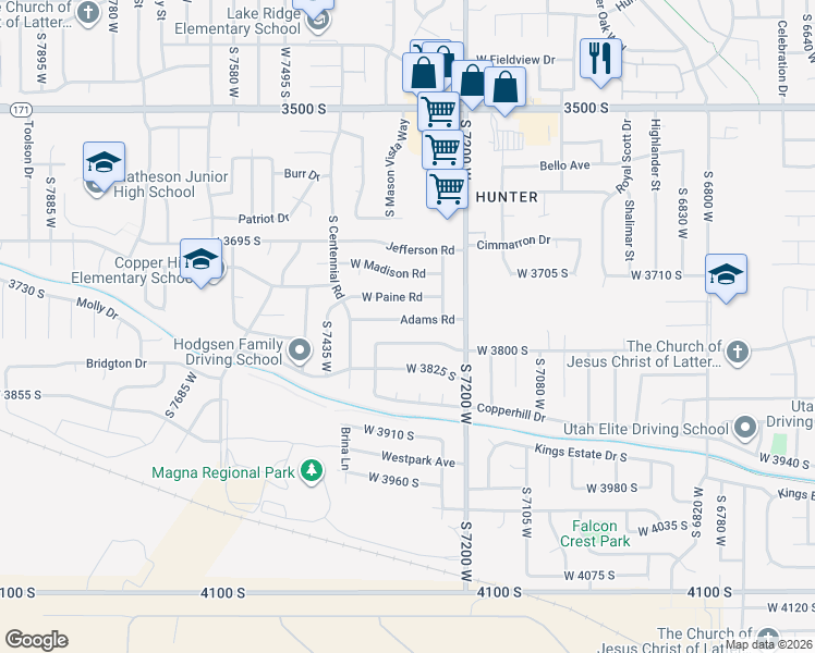 map of restaurants, bars, coffee shops, grocery stores, and more near 7282 Adams Road in Magna