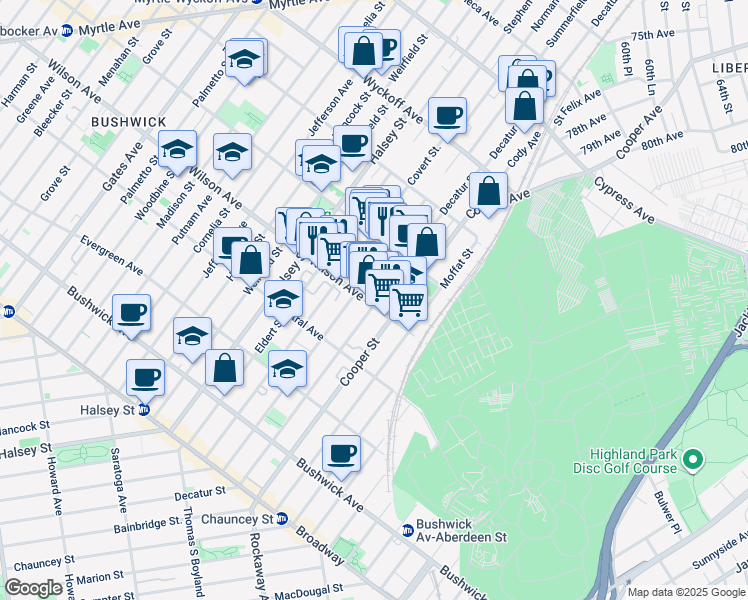 map of restaurants, bars, coffee shops, grocery stores, and more near 220 Schaefer Street in Brooklyn