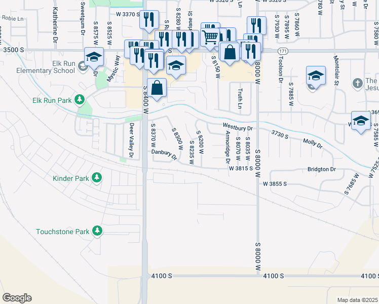 map of restaurants, bars, coffee shops, grocery stores, and more near 3776 South 8235 West in Magna